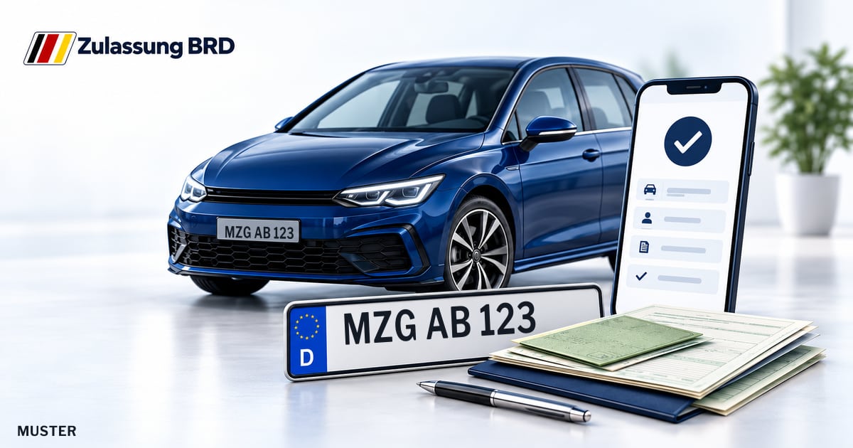Online Fahrzeugzulassung in Wadern: Musterkennzeichen MZG AB 123, Auto und Fahrzeugpapiere und Smartphone. Illustration mit Logo von Zulassung BRD.